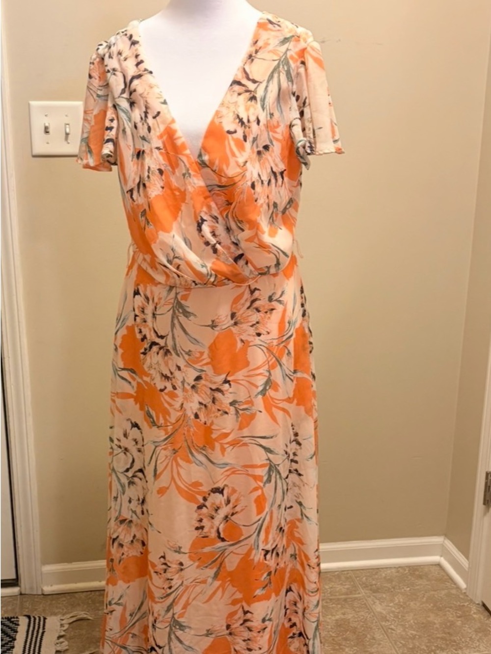 Chetta B Orange and Cream Floral Wrap Maxi Dress